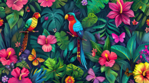 Vibrant tropical birds and butterflies mingle amidst a colorful floral jungle adding a lively and cheerful vibe to the wallpaper