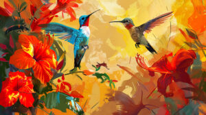 Vibrant wallpaper featuring lively hummingbirds and tropical flowers depicted with bold colors and fluid brushstrokes in a dynamic scene