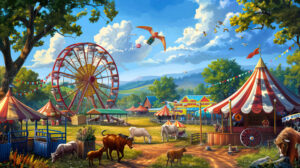 Vibrant wallpaper showcasing a lively country fair scene adorned with colorful tents Ferris wheels and farm animals embodying the celebratory rural vibes
