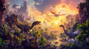 Vibrant wallpaper showcasing a variety of dinosaurs moving through a prehistoric jungle with a majestic T Rex standing tall over the lush greenery and a pterodactyl gliding in the sky