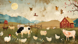 Vintage style illustration featuring farm animals such as cows chickens and sheep against the backdrop of a rustic barnyard wallpaper.jpg