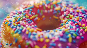 Vivid colors and textures on a donut covered in rainbow sprinkles create an enticing effect in this close up wallpaper