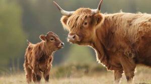 Wallpaper featuring a cute Highland cow calf standing next to its mother highlighted by the calfs small horns and fluffy fur