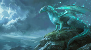 Wallpaper featuring a majestic dragon with radiant eyes and shimmering blue and green scales positioned on a rugged cliff under a stormy sky