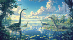 Wallpaper featuring peaceful brachiosauruses leisurely feeding near a serene lake enveloped by vibrant flora under a clear blue sky