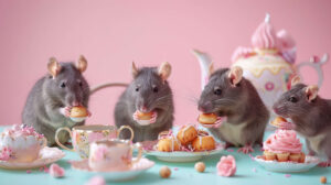 Wallpaper featuring playful rats enjoying a tea party with miniature teacups and pastries set against a soft pastel background