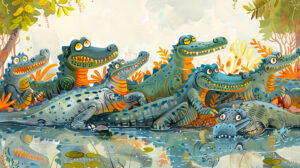 Whimsical wallpaper featuring a collection of crocodiles relaxing on a riverbank each with playful and exaggerated characteristics