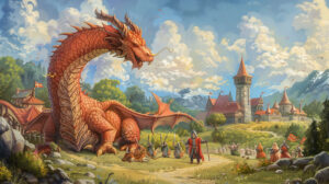 Whimsical wallpaper featuring a friendly dragon engaging with knights and villagers in a fantasy setting