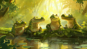 Whimsical wallpaper featuring a group of crocodiles relaxing with unique exaggerated features on a riverbank for a playful touch