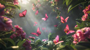 Whimsical wallpaper showcasing pink butterflies gracefully dancing amidst a garden bursting with vibrant blooms and flourishing greenery