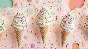 Whimsically illustrated wallpaper featuring ice cream cones adorned with sprinkles pastel colored scoops and playful patterns
