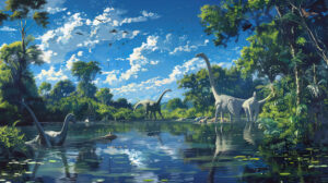 Wonderful wallpaper featuring brachiosauruses with long necks grazing near a peaceful lake beside lush greenery under a clear blue sky.jpg