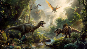 You can locate a file named DinoSprint.jpg containing a dynamic wallpaper of dinosaurs racing through a dense jungle full of colorful plant and animal life