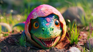 A baby dinosaur hatching from a colorful egg, with big, curious eyes and a wide smile