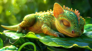 A baby dinosaur taking a nap on a soft, green leaf, with a serene expression and a warm glow from the sun