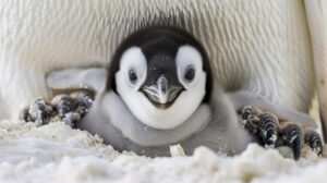 A baby penguin nestled in the safety of its parent's feet, peeking out with curiosity