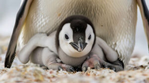 A baby penguin rests snugly near its parents feet peering out with a sense of wonder and safety captured in the wallpaper