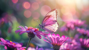 A beautiful wallpaper featuring a fragile purple butterfly perched on a vivid pink flower illuminated by gentle sunlight filtering through