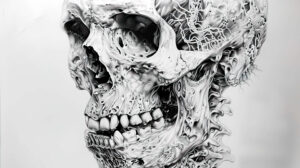A black and white wallpaper featuring a detailed human skull sketch with intricate shading and highlights in the filename high res skull shading.jpg