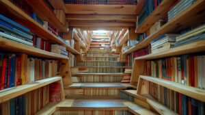 A bookshelf built into a staircase, with books lining each step, blending functionality and aesthetics