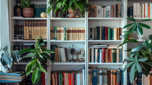 A bookshelf in a home office, organized with books, files, and decorative items for a professional yet personal touch