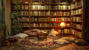 A bookshelf in a reading corner, with a cozy rug, pillows, and a small table with a teacup