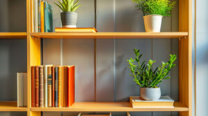 A bookshelf stocked with books and adorned with a couple of petite succulents adds a hint of greenery to the space an ideal wallpaper choice