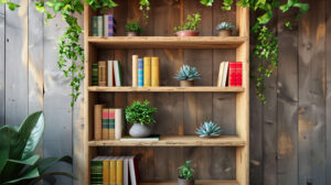A bookshelf with adjustable shelves, filled with books and a few small succulents for a touch of green
