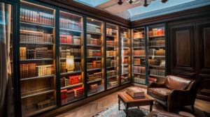 A bookshelf with sliding glass doors, showcasing rare and special edition books