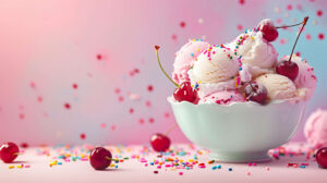 A bowl of colorful ice cream scoops topped with sprinkles, cherries, and whipped cream, set against a pastel background