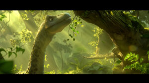 A brontosaurus with a long neck, reaching up to nibble on leaves from a tree, with a gentle, friendly expression