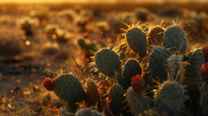 A cactus garden at sunrise, with dew drops on the cactus spines glistening in the soft morning light