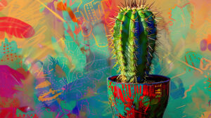 A cactus in a pot with vibrant colors abstract patterns and a unique artistic touch makes for an attractive wallpaper