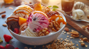 A captivating wallpaper captured the art of scooping ice cream into a bowl embellished with luscious toppings like caramel sauce nuts and fresh fruits about to be added