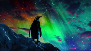 A captivating wallpaper showcasing a penguin silhouette set against the Northern Lights with vibrant hues lighting up the night sky