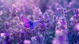 A captivating wallpaper showcasing a purple butterfly gracefully nestled in a sea of lavender harmonizing with the enchanting purple tones around it