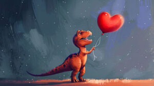 A cartoon T Rex with a small body and oversized head, holding a heart shaped balloon