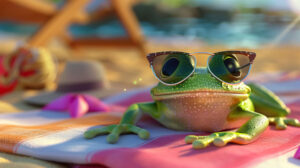 A cartoon frog wearing sunglasses and lounging on a beach towel, with a sunny beach scene