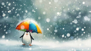 A cartoon penguin holding a colorful umbrella, standing in the middle of a gentle snowfall