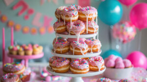 A centerpiece at a party a tower of doughnuts adorned with dripping icing and surrounded by decorative elements