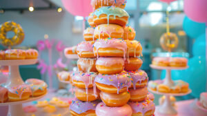 A centerpiece at a party featuring a tower of donuts adorned with dripping icing and surrounded by decorative elements