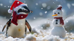 A charming penguin in a Santa hat and red scarf alongside its handmade tiny snowman. This wallpaper is named PenguinSnowmanFun.jpg