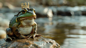 A charming wallpaper captures a frog adorned with a small crown perched regally on a rock resembling a throne