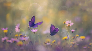 A charming wallpaper featuring two graceful purple butterflies twirling in the air amidst a dreamy backdrop of wildflowers