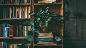A charming wooden bookshelf brimming with books of diverse sizes and colors accented by a petite potted plant on top creating a serene wallpaper