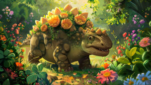 A cheerful ankylosaurus plump and smiling is featured in a wallpaper adorned with colorful whimsical flowers and plants