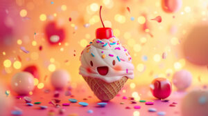 A cheerful ice cream cartoon character adorned with sprinkles and a cherry set against a vibrant backdrop