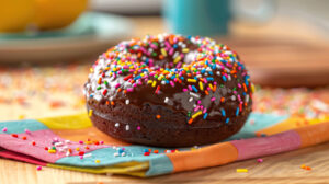 A chocolate donut with rainbow sprinkles, placed on a colorful napkin with a bright backdrop