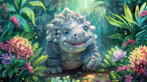 A chubby ankylosaurus with a smiling face, surrounded by vibrant, cartoonish flowers and plants
