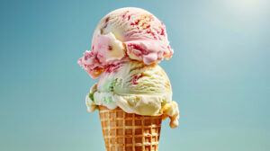 A classic ice cream cone with three scoops of different flavors, melting slightly under a bright summer sun